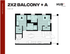 Modern 2x2 floor plan with balcony, featuring two spacious bedrooms, stylish living area, and efficient kitchen layout, 844 sq ft.