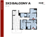 Contemporary 3-bedroom, 3-bathroom apartment floor plan with balcony, featuring open-concept kitchen and living area, ideal for modern living.