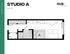 Modern Studio A floor plan with 420 sq ft at HUB East Lansing, featuring an efficient layout with a cozy living area, compact kitchen, and stylish bathroom.