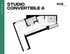 Modern studio floor plan with a convertible layout at 507 sq ft, featuring an open living space and private bedroom area.