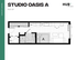Contemporary Studio Oasis A floor plan with open living space, cozy bedroom area, and modern kitchen in 420 sq ft at HUB East Lansing.