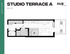 Modern Studio Terrace A floor plan, 420 sq ft, featuring an open-concept kitchen, cozy living area, and private terrace at Hub East Lansing.