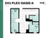 Modern 2X1 Flex Oasis A floor plan featuring 705 sq ft with versatile living space, two bedrooms, a stylish kitchen, and shared living areas at HUB East Lansing.
