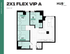 Modern 2X1 FLEX VIP A floor plan at HUB East Lansing showcasing 868 SF with private and shared bedrooms, an open living area, and a sleek kitchen.