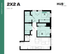 Modern 2-bedroom, 2-bathroom floor plan at HUB East Lansing, showcasing a compact 683 sq ft layout with an open living area and integrated kitchen space.