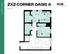 Modern 2x2 Corner Oasis A floor plan featuring 683 sq ft with 2 bedrooms, 2 bathrooms, and an open living space in East Lansing.