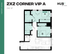 Modern 2x2 Corner VIP A floor plan at HUB East Lansing, featuring 2 bedrooms, 2 bathrooms, and an open-concept living and kitchen area, 683 square feet.