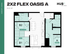 Modern 2x2 Flex Oasis A floor plan at Hub East Lansing, featuring two bedrooms, a sleek open-concept living area, and a stylish kitchen, over 815 sq ft.