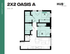 Contemporary floor plan for 2X2 Oasis A at Hub East Lansing, featuring two bedrooms, two bathrooms, an open kitchen and living area in 683 sq ft.