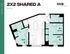 Contemporary 2x2 floor plan at HUB East Lansing featuring 874 sq ft, with two bedrooms, open kitchen, and spacious living area.