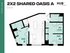 Modern 2X2 Shared Oasis A floor plan with 2 bedrooms, spacious living area, and a gourmet kitchen in 874 sq ft at HUB East Lansing.