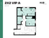 Modern 2x2 VIP A floor plan with 683 square feet, featuring two bedrooms, two bathrooms, and a cozy open-concept kitchen and living area at HUB East Lansing.