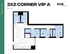 Modern 3x2 VIP corner apartment floor plan with 830 sq ft. Features three bedrooms labeled A, B, and C, an open living area, and a stylish kitchen layout at HUB East Lansing.