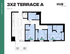 Modern 3-bedroom apartment floor plan titled '3X2 TERRACE A' with spacious living area, efficient kitchen, and two bathrooms, covering 869 sq ft at HUB East Lansing.