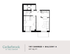 Modern 1x1 shared floor plan at Cedarbrook featuring a spacious living area, cozy bedroom, and private balcony, 597 sq ft.