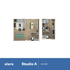 Modern studio apartment floor plan featuring an open-concept living area with stylish furniture and a compact kitchen, totaling 308 square feet.