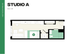 Modern Studio A floor plan featuring an open living area, kitchen, private bathroom, and bedroom space, 423 sq ft at Hub Tucson Park Avenue.
