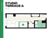 Modern floor plan of Studio Terrace A, featuring an open layout with integrated living and sleeping areas, compact kitchen, and bathroom, spanning 423 square feet.