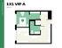Modern 1X1 VIP A floor plan featuring a cozy bedroom, functional bathroom, and open kitchen in 586 sq ft at Hub Tucson Park Ave.