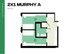 Compact and efficient 2X1 Murphy A floor plan at Hub Tucson Park Ave, featuring two cozy bedrooms, modern kitchen, and functional layout with 586 SF.