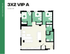 Modern 3X2 VIP A floor plan at Hub Tucson Park Ave showcasing 1156 sq ft with three spacious bedrooms, two bathrooms, and an open living and kitchen area.