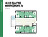 Modern 4x2 suite floor plan with four cozy bedrooms, open living area, and sleek kitchen at Hub Tucson Park Ave. Spacious 1080 sq ft layout.