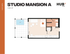 Stylish studio mansion floor plan featuring an open layout with a combined living and sleeping area, modern kitchen, and a cozy bathroom, perfect for efficient urban living. Includes a spacious patio with a pool view, ideal for relaxation in Tampa's vibrant Hub community.