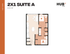 Modern floor plan of Suite A at Hub Tampa featuring two bedrooms, spacious open-concept kitchen and living area, and contemporary bathroom design, totaling 635 square feet.