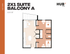 Modern 2x1 suite floor plan in Hub Tampa, featuring 2 cozy bedrooms, a stylish kitchen, and a spacious balcony, covering 635 square feet.