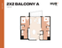 Modern 2x2 apartment floor plan at HUB Tampa featuring two bedrooms, two bathrooms, a spacious living area, and a balcony, covering 769 square feet.