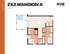 Modern 2D floor plan of 2x2 Mansion A at Hub Tampa, featuring 2 bedrooms, an open living space, contemporary kitchen, and outdoor patio, 687 sq ft.