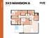 Modern 3-bedroom apartment floor plan labeled '3X3 Mansion A' at HUB Tampa, featuring spacious living area, three bathrooms, and a stylish kitchen layout, totaling 1015 square feet.