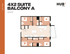 Modern 4x2 suite floor plan with spacious balcony, featuring open-concept living and dining area, and four cozy bedrooms in Hub Tampa, 978 sq ft.