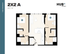Modern 2D floor plan of a 2-bedroom, 2-bathroom apartment at Hub Cincinnati, featuring an open-layout living area and kitchen, 857 square feet.