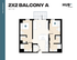 Elegant 2x2 Balcony A floor plan showcasing 857 sq ft with two spacious bedrooms, modern kitchen, cozy living area, and inviting balcony, located at Hub Cincinnati.