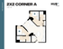 Modern 2x2 Corner A floor plan at Hub Cincinnati, 795 sq ft, featuring two bedrooms, two bathrooms, sleek kitchen, and spacious living area.