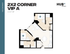 Modern 2x2 corner floor plan featuring spacious living area, two bedrooms, and sleek kitchen in Cincinnati, 1317 sq ft.
