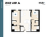 Modern 2X2 VIP A floor plan at HUB Cincinnati, showcasing 1429 sq ft with two spacious bedrooms, en-suite bathrooms, and an open-concept kitchen and living area.