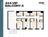 Modern 4x4 VIP floor plan featuring a balcony, four bedrooms with private baths, and a spacious open kitchen, 1340 sq ft at Hub Cincinnati.