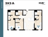 Modern 3-bedroom apartment floor plan at Hub Cincinnati featuring spacious living area, open kitchen, and 3 bathrooms in a 1150 sq ft layout.