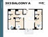 Modern 1150 sq ft floor plan at Hub Cincinnati featuring 3 bedrooms, 3 bathrooms, and a balcony with open living and kitchen area.