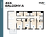 Modern floor plan of Hub Cincinnati's 4x4 Balcony A, showcasing four bedrooms with private bathrooms, open kitchen, living area, and balcony, 1340 sq ft.