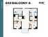 Modern 4-bedroom floor plan with balcony in Hub Cincinnati, featuring open living space and two sleek bathrooms, 1060 sq ft.