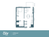 Modern 1-bedroom apartment floor plan with an open living room, kitchen, private balcony, laundry, and spacious bathroom, 599 sq ft at Oliv Auburn.