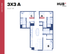 Modern 3-bedroom apartment floor plan '3X3 A' at HUB Columbia, featuring spacious living and dining area, three full bathrooms, and a contemporary kitchen over 1127 square feet.