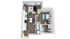 Chic 1-bedroom apartment floor plan showcasing an open kitchen, cozy living area, and modern bathroom.