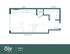 Chic Studio A floor plan featuring a multifunctional sleeping and living area, modern kitchen, and stylish bathroom in 357 sq ft.