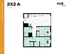 Elegant 2D floor plan of HUB Gainesville University apartment, showcasing 2 bedrooms, 2 bathrooms, and an open kitchen-living area within 743 sq ft.