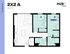 Modern floor plan of a 2x2A apartment at HUB Limestone featuring two bedrooms, two bathrooms, an open-concept living area, and a sleek kitchen. Total area 804 square feet.