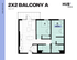 Chic 2x2 Balcony A floor plan at HUB Limestone, featuring 804 sq ft with two bedrooms, two bathrooms, and a spacious open living area.